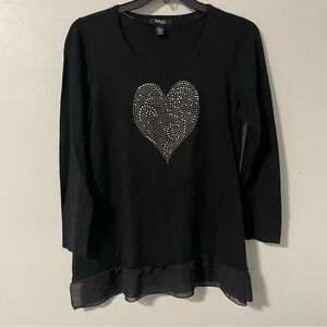 Style & Co. Black lightweight knit sweater rhinestone heart chiffon hem 0X‎